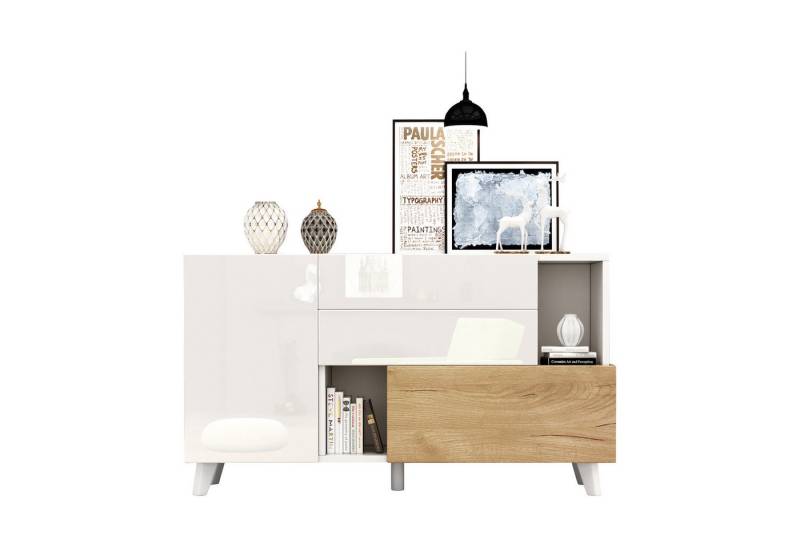 EXTSUD Sideboard Hochglänzendes weißes original holzfarbenes Sideboard mit Stauraum von EXTSUD