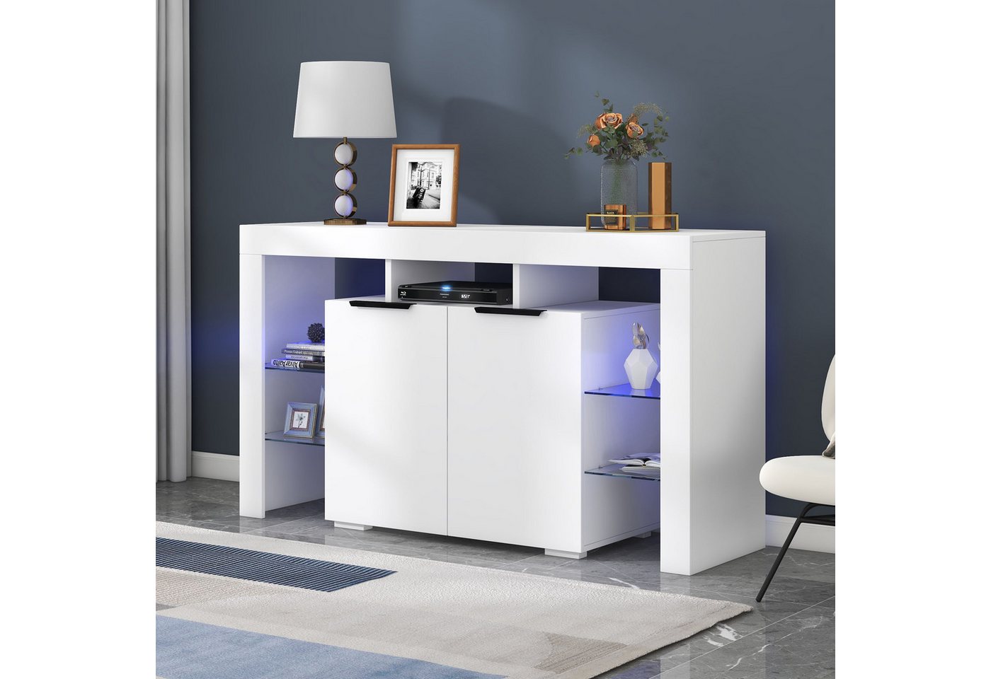 EXTSUD Sideboard Hochglanz-LED-Sideboard mit 4 Glasböden und 2 Tür von EXTSUD