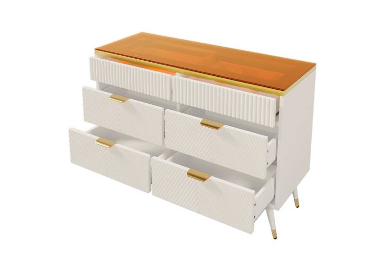 EXTSUD Sideboard Kommode Sideboard aus Bernstein Glas, Kommode mit 6 Schubladen (120 x 40 x 76 cm, weiß), Facheinteilung, kippsicher, Hochschrank für Schlafzimmer, Wohnräume von EXTSUD