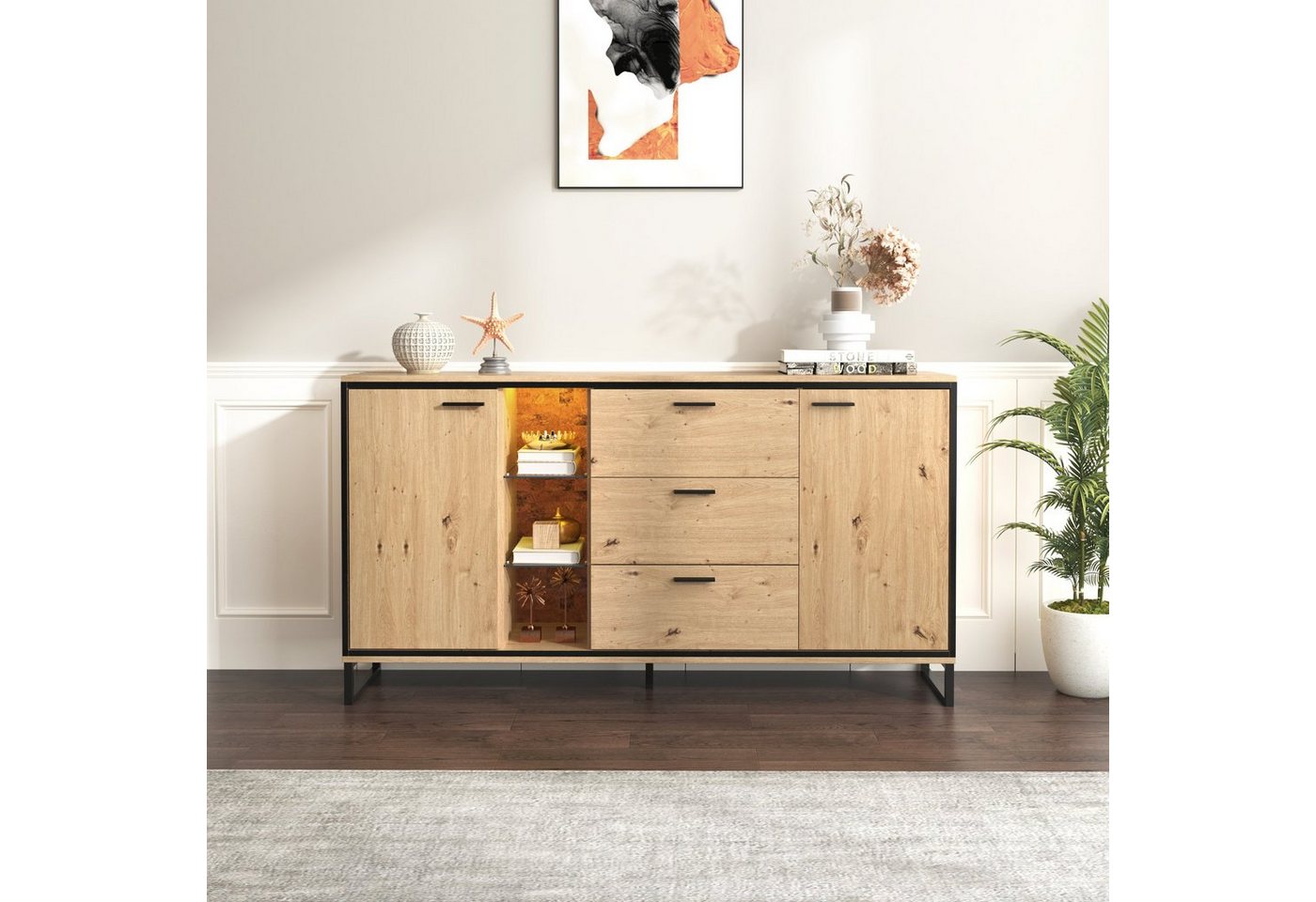 EXTSUD Sideboard Modernes Sideboard mit LED-Beleuchtung und viel Stauraum, Das Sideboard hat drei Schubladen und zwei Türen mit Ablagefächern von EXTSUD