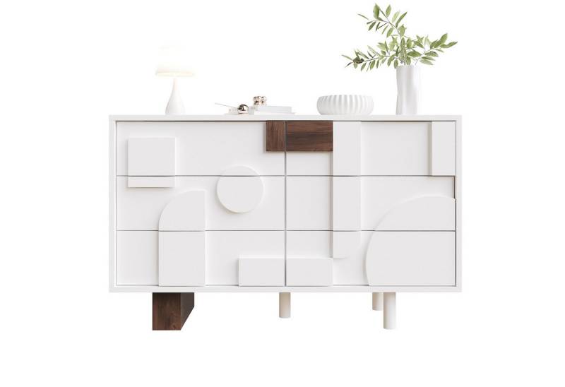 EXTSUD Sideboard Modernes Sideboard mit geometrisch gestalteten Türen, ohne Griffe, Schubladen mit Push-to-Pop-Funktion, Beine aus Massivholz, weiß von EXTSUD