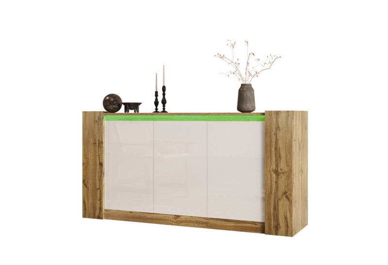 EXTSUD Sideboard Sideboard, Schränke in Hochglanzweiß und Holz, griffloses Design (sanft schließende Scharniere und verstellbare Regale), abgeschrägte Türen, die gleichzeitig als Griffe dienen von EXTSUD