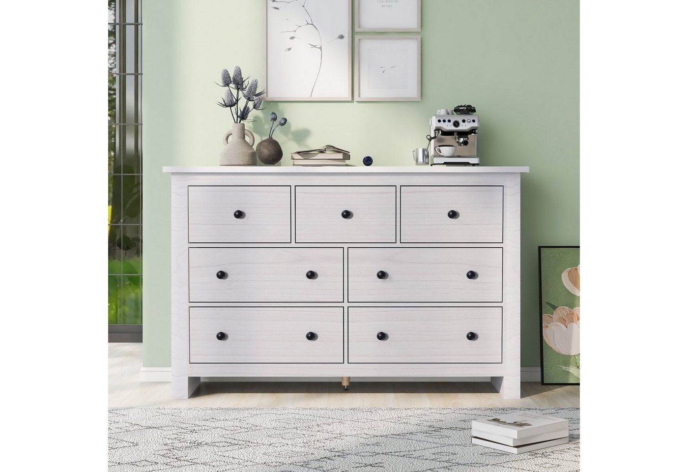 EXTSUD Sideboard Sideboard Beistellschrank mit 7 Schubladen für Wohnzimmer Weiß, 7 Schubladen, schlichte Farbgestaltung, leicht zu pflegen von EXTSUD