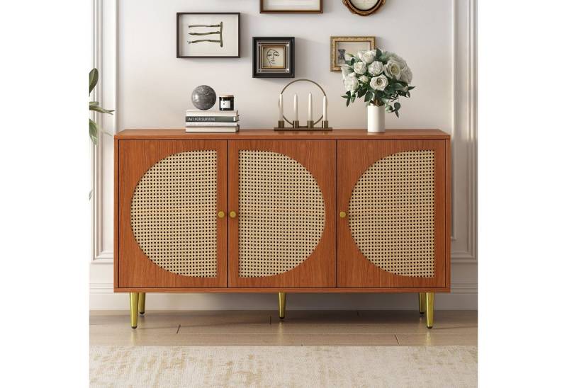 EXTSUD Sideboard Sideboard mit 3 Rattan verzierten Türen, Kommode Highboard, Rattan-Webung, vielfältiger Stauraum, langlebig, verstellbare Regale von EXTSUD