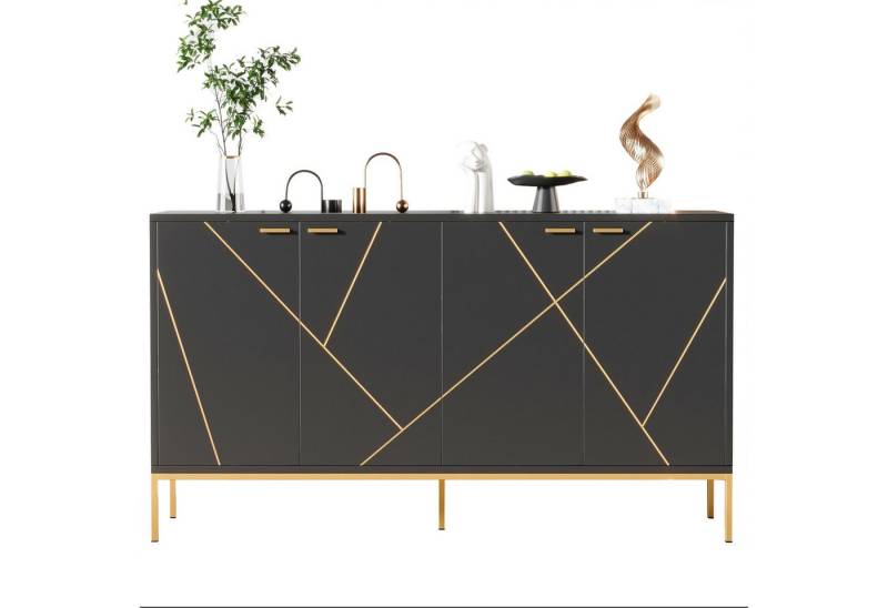 EXTSUD Sideboard Sideboard mit vier Türen, Metallfüßen, TV-Schrank, Kleiderschrank (Maße: H 80cm / B 150 cm / T 40 cm), geradliniges Design mit Metalllinien-Dekor, Schwarz+Golden von EXTSUD