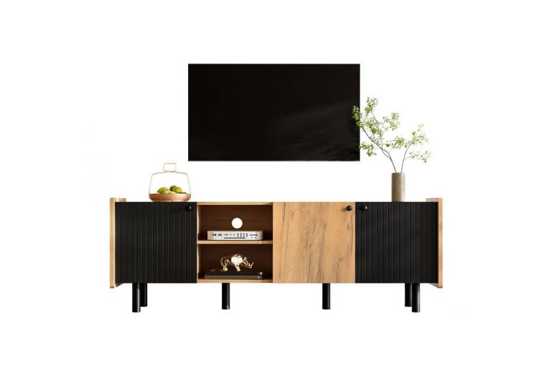 EXTSUD TV-Schrank 160 cm Schwarzer und Holzfarbener TV-Schrank Moderner Stil mit Drei Türen und Zwei Offenen Fächern von EXTSUD