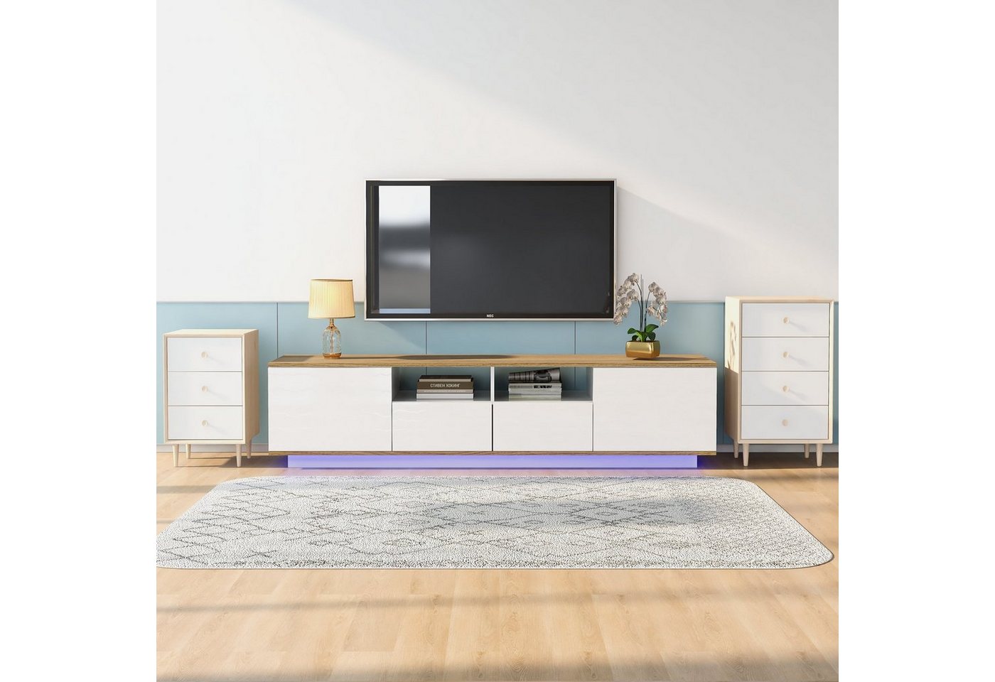 EXTSUD TV-Schrank LED Lowboard TV-Ständer mit Massivholzmaserung und viel Stauraum TV-Tisch moderner TV-Ständer 80 Zoll TV-Ständer TV-Möbel, weiß 180 von EXTSUD