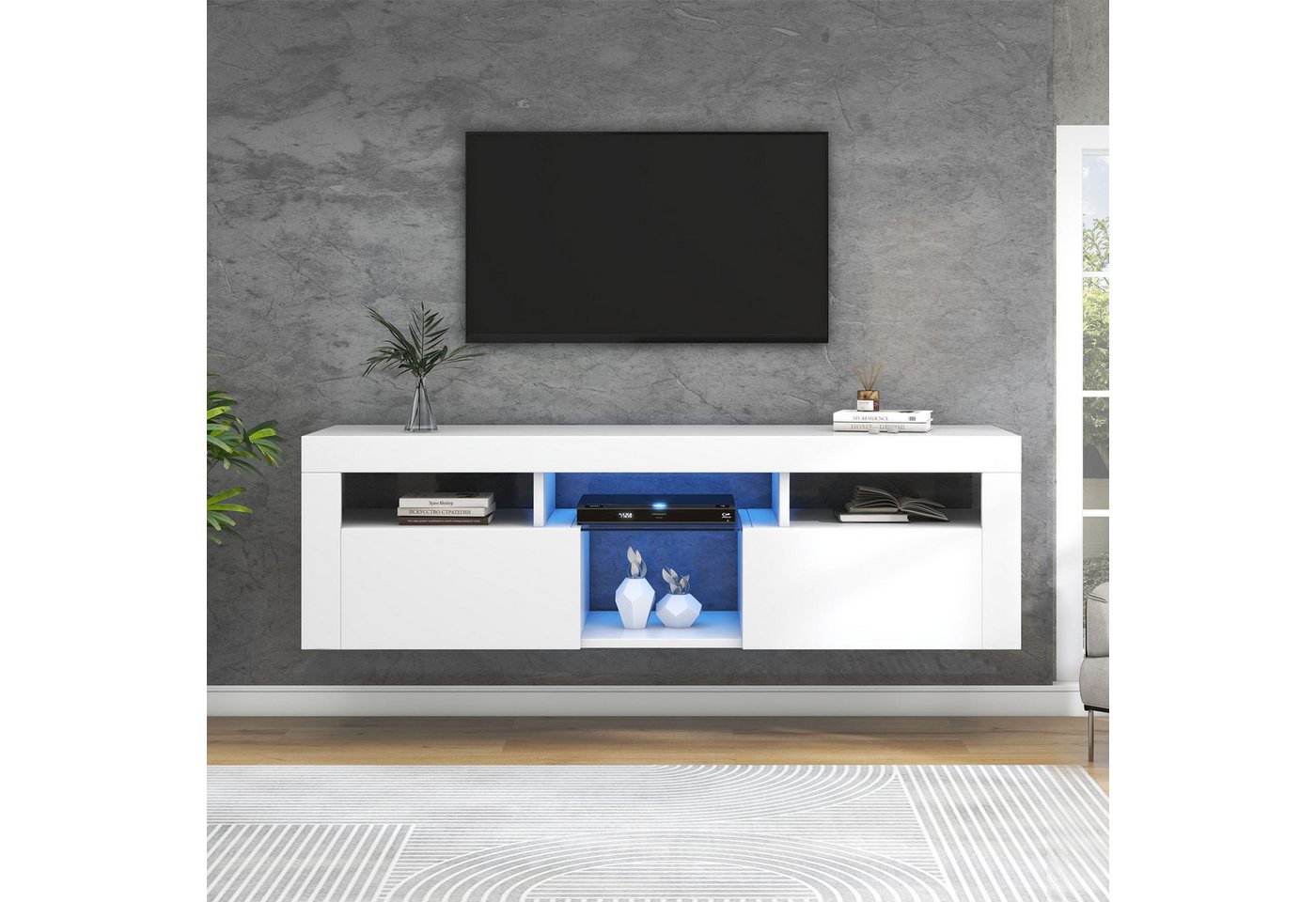 EXTSUD TV-Schrank Modernes 140 cm großes weißes TV-Schrank mit LED-Beleuchtung von EXTSUD