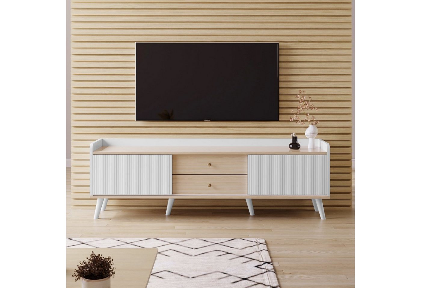 EXTSUD TV-Schrank Stilvoller TV-Schrank mit gestreiften Schiebetüren und viel Stauraum Zarte Textur. Weiß und natürliche Holzfarbe. H58/L160/T40 cm. von EXTSUD