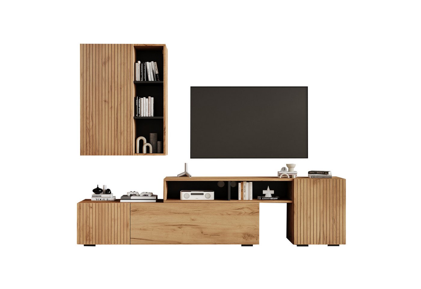EXTSUD Wohnzimmer-Set TV Wohnwand-set mit Vitrine (2-St), TV-Board -set und Standregal, (stehend&hängend,TV bis 120',Holzfarbe+Schwarz, 2-St), TV Wohnzimmermöbel-Set,flexible Länge TV-Schrank bis 265 cm von EXTSUD