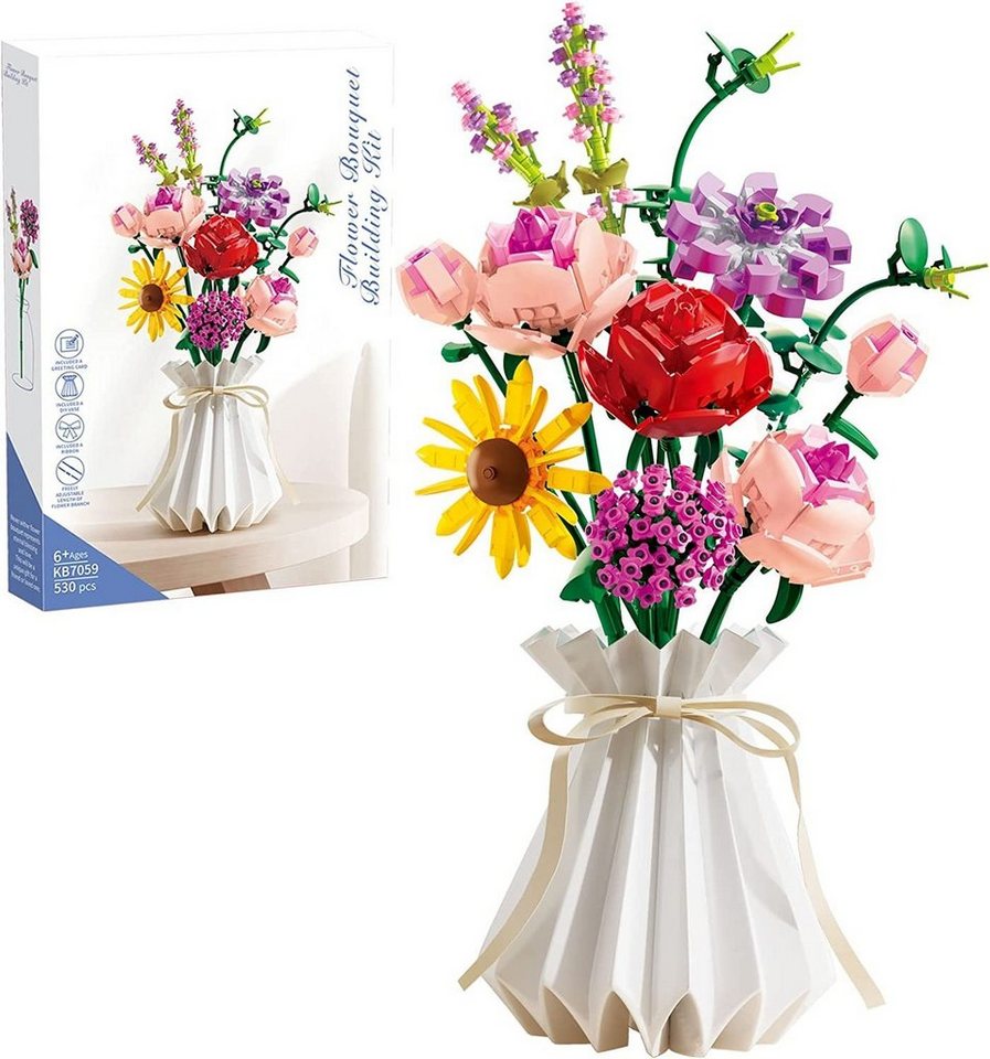 Kunstblumenstrauß Blumen Bausteine Set 11 Blumenstrauß mit Vase Geschenk,Kreative Geschenke für Ehefrau&Ehemann Kinder 6+, EXTSUD, DIY Bauspielzeugsets Bouquet Baustein für Hausdeko Vattertag von EXTSUD