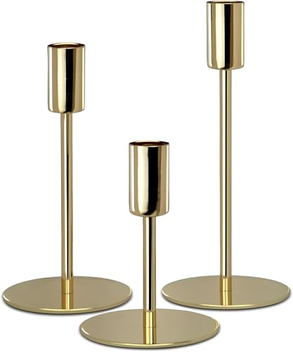 EXVERTEM Kerzenständer 3er-Set Gold für Stabkerzen Elegant & Luxuriös | Kerzenleuchter in Metall für Esstisch, Wohnzimmer, Schlafzimmer oder Bad | Deko geeignet für Hochzeit, Partys oder Events (Gold) von EXVERTEM