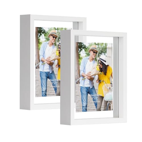 EXYGLO 2er-Pack 13x18 cm Glas-Bilderrahmen, Doppelglas Schwimmender Fotorahmen für 9x13 / 10x15 / 13x18 / 15x20 cm Fotos, bis Maximalgröße 18x23 cm, Robuster Weißer Rahmen von EXYGLO