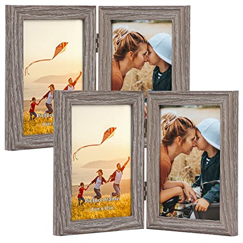 EXYGLO 2er-Set Doppelter Bilderrahmen 10x15 cm, Klappbarer Fotorahmen mit Glas für 2 Bilder Collage, Vertikal für Tischausstellung, Grau von EXYGLO