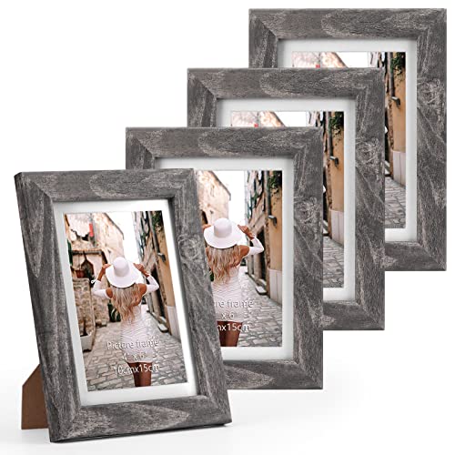 EXYGLO 4er-Set Bilderrahmen 10x15 cm mit Echtglas, Grau Rustikale Fotorahmen mit Holzmaserung für 15x10 Fotos mit Passepartouts oder 13x18 Bilder ohne Passepartouts, Wand- oder Tischaufsteller von EXYGLO