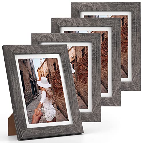 EXYGLO 4er-Set Bilderrahmen 13x18 cm mit Echtglas, Grau Rustikale Fotorahmen mit Holzmaserung für 18x13 Fotos mit Passepartouts oder 15x20 Bilder ohne Passepartouts, Wand- oder Tischaufsteller von EXYGLO