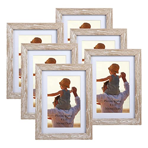 EXYGLO 6er-Set Rustikale Bilderrahmen 10x15 cm mit Natur-Holzmaserung für 15x10 Fotos mit Passepartouts oder 13x18 ohne Passepartouts, Wand- oder Tischaufsteller von EXYGLO