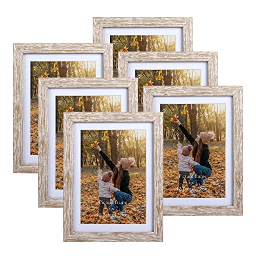 EXYGLO 6er-Set Rustikale Bilderrahmen 13x18 cm mit Natur-Holzmaserung für 18x13 Fotos mit Passepartouts oder 15x20 ohne Passepartouts, Wand- oder Tischaufsteller von EXYGLO