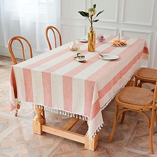 EYCFSJ Tischwäsche 1Pcs Fransen Gestreifte Tischdecke Küche Abdeckung Rechteckig Baumwolle Leinen Dekorative Staubdichte Tischdecke Rosa 140X220Cm von EYCFSJ