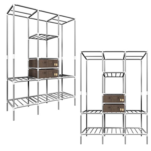 EYEPOWER Offener XL Kleiderschrank Metall Regal 2 Schubladen 178x128x44,5cm Kleiderstangen Faltschrank Flur Garderobe von EYEPOWER