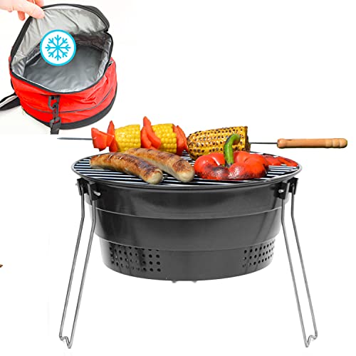 eyepower Faltbarer BBQ Grill mit Kühltasche - Ø 28cm Holzkohlegrill Klappbar mit Füssen - Grill für Unterwegs - Campinggrill Holzkohle Klappbar Minigrill Kohle Camping Kohlegrill Holzkohlegrill Klein von EYEPOWER