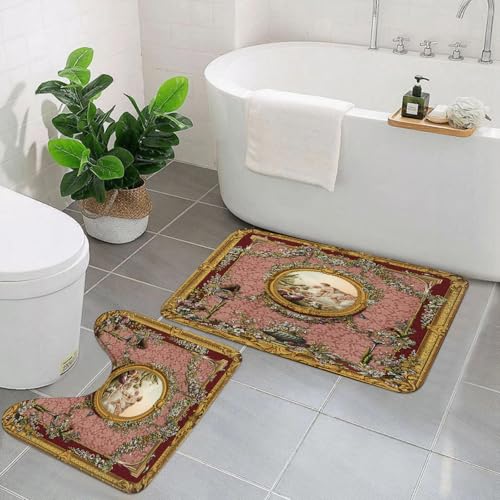 EYLOZS Badezimmerteppich Set 2 Teilig Waschbar rutschfeste Badematte Toilettenmatte Weich Saugfähige Badteppiche,3-D-Deckengemälde im Barockstil, Haupthalle, goldene Ornamente und Rahmen, Engel, weiß von EYLOZS