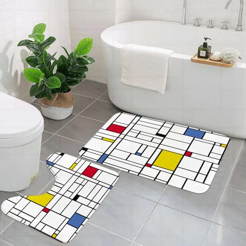 EYLOZS Badezimmerteppich Set 2 Teilig Waschbar rutschfeste Badematte Toilettenmatte Weich Saugfähige Badteppiche,Abstraktes geometrisches, farbenfrohes, nahtloses Muster. Mondrian-Stil. Vektorillustr von EYLOZS