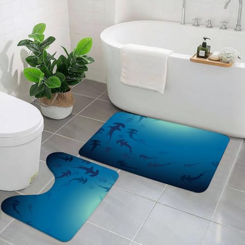 EYLOZS Badezimmerteppich Set 2 Teilig Waschbar rutschfeste Badematte Toilettenmatte Weich Saugfähige Badteppiche,Blauer Hgrund mit dem Thema der Tiefe des Meeres. von EYLOZS