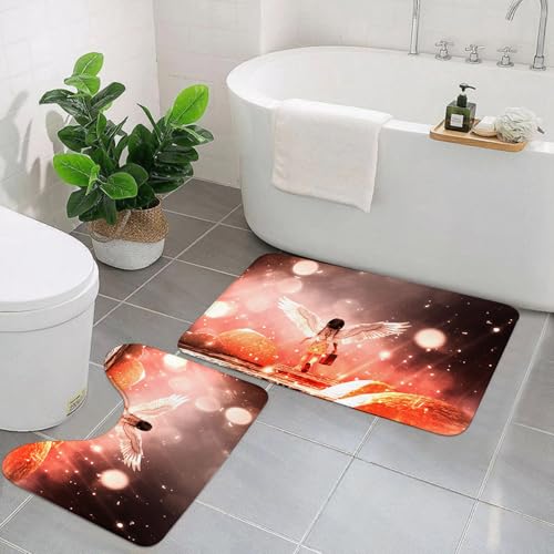 EYLOZS Badezimmerteppich Set 2 Teilig Waschbar rutschfeste Badematte Toilettenmatte Weich Saugfähige Badteppiche,Das Abenteuer des kleinen Engels in der sternenklaren Nacht, konzeptioneller Hgrund de von EYLOZS