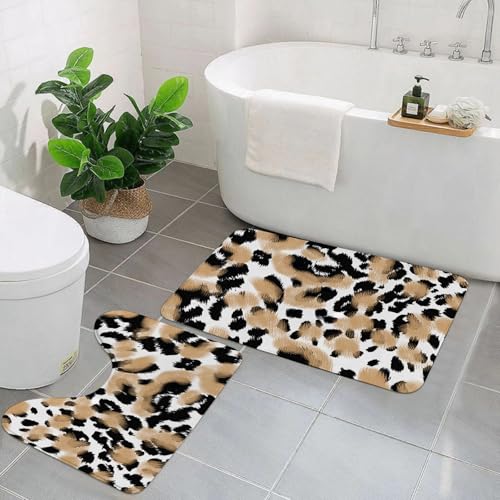 EYLOZS Badezimmerteppich Set 2 Teilig Waschbar rutschfeste Badematte Toilettenmatte Weich Saugfähige Badteppiche,Leoparden-Texturhgrund mit Tiermuster von EYLOZS