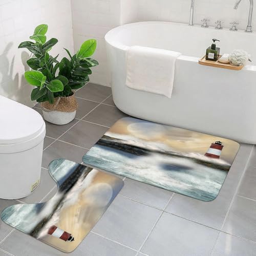 EYLOZS Badezimmerteppich Set 2 Teilig Waschbar rutschfeste Badematte Toilettenmatte Weich Saugfähige Badteppiche,Leuchtturm, stürmisches Meeresölgemälde, das den Mond und das spritzt von EYLOZS