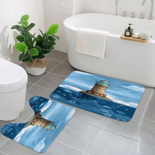 EYLOZS Badezimmerteppich Set 2 Teilig Waschbar rutschfeste Badematte Toilettenmatte Weich Saugfähige Badteppiche,Leuchtturm Möwen Vögel Architektur maritimes Riff Fische unter Wasser, von EYLOZS