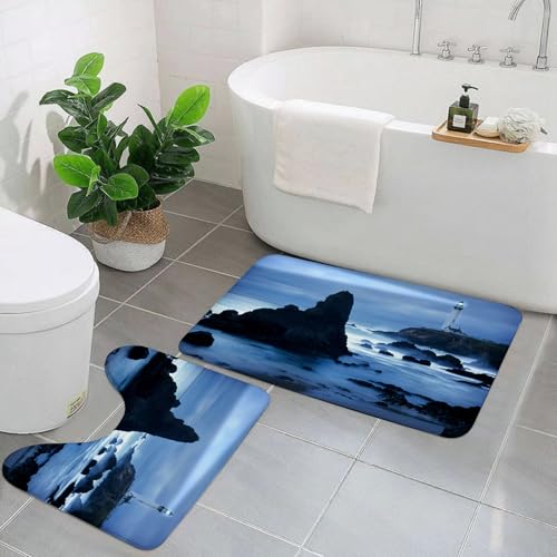 EYLOZS Badezimmerteppich Set 2 Teilig Waschbar rutschfeste Badematte Toilettenmatte Weich Saugfähige Badteppiche,Leuchtturm an der kalifornischen Küste mit Lichtstrahl von EYLOZS