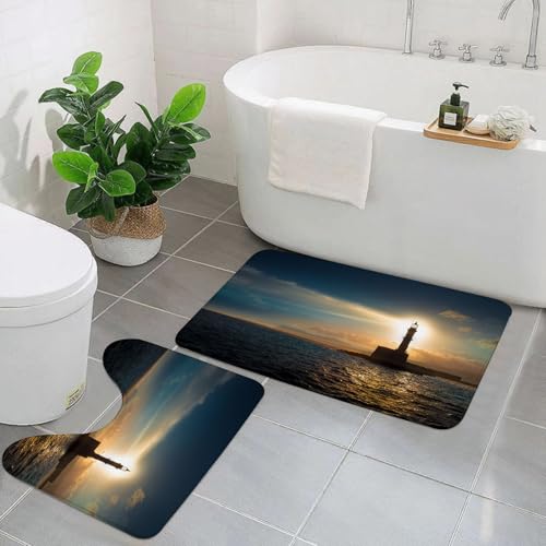 EYLOZS Badezimmerteppich Set 2 Teilig Waschbar rutschfeste Badematte Toilettenmatte Weich Saugfähige Badteppiche,Leuchtturm bei Sonnenuntergang. von EYLOZS