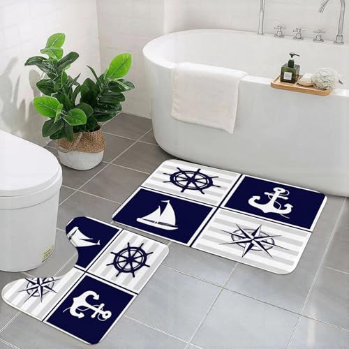 EYLOZS Badezimmerteppich Set 2 Teilig Waschbar rutschfeste Badematte Toilettenmatte Weich Saugfähige Badteppiche,Marinemuster mit nautischen Elementen von EYLOZS