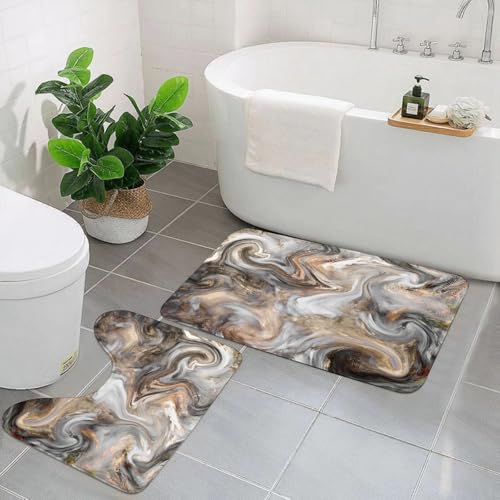 EYLOZS Badezimmerteppich Set 2 Teilig Waschbar rutschfeste Badematte Toilettenmatte Weich Saugfähige Badteppiche,Marmor, Pinselfarben im Retro-Stil in Aquarellkunst mit Marmorstruktur, sandbrauner St von EYLOZS