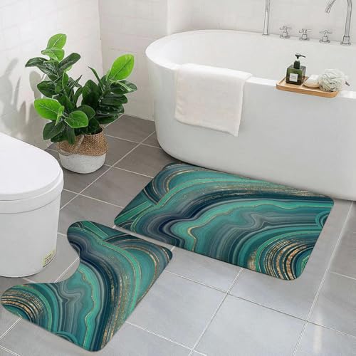 EYLOZS Badezimmerteppich Set 2 Teilig Waschbar rutschfeste Badematte Toilettenmatte Weich Saugfähige Badteppiche,Marmorierter blau-weiß-grüner und türkisfarbener Abstrakter Hgrund. Flüssiges Marmormu von EYLOZS