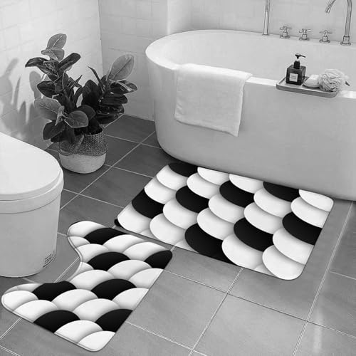 EYLOZS Badezimmerteppich Set 2 Teilig Waschbar rutschfeste Badematte Toilettenmatte Weich Saugfähige Badteppiche,Nahtloses Muster aus schwarzen und weißen Kreisen mit Schlagschatten. Rasterversion von EYLOZS