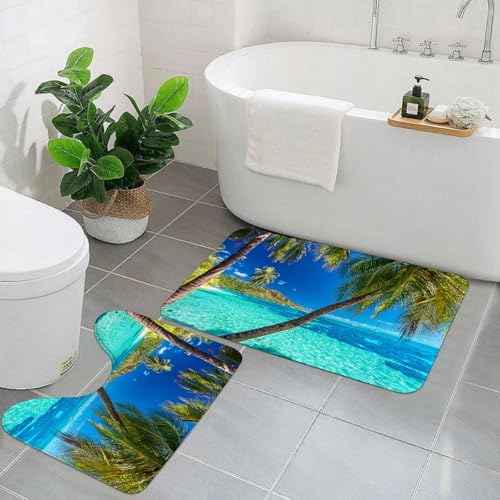 EYLOZS Badezimmerteppich Set 2 Teilig Waschbar rutschfeste Badematte Toilettenmatte Weich Saugfähige Badteppiche,Ozean, Bild Einer tropischen Insel mit Palmen und klarem Meeresstrand-Thema EYLOZS Badezimmerteppich Set 2 Teilig Waschbar rutschfeste Badematte Toilettenmatte Weich Saugfähige Badteppiche,Ozean, Bild Einer tropischen Insel mit Palmen und klarem Meeresstrand-Thema von EYLOZS