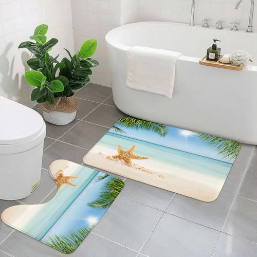 EYLOZS Badezimmerteppich Set 2 Teilig Waschbar rutschfeste Badematte Toilettenmatte Weich Saugfähige Badteppiche,Ozean, Grafik eines sommerlichen Sandstrandes mit majestätischen Seesternen auf tropis von EYLOZS