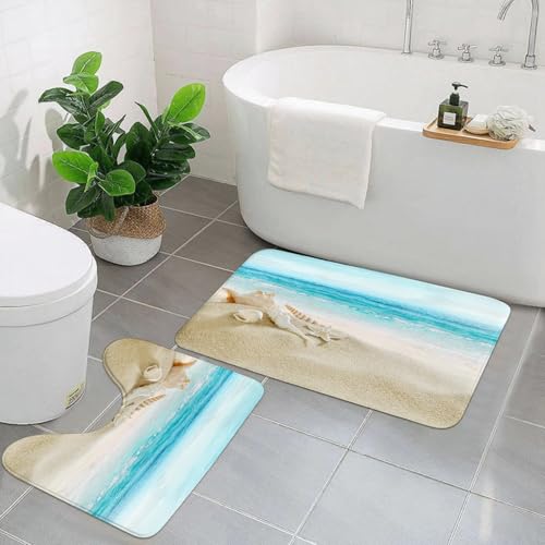 EYLOZS Badezimmerteppich Set 2 Teilig Waschbar rutschfeste Badematte Toilettenmatte Weich Saugfähige Badteppiche,Ozean, Meer, Seestern, Meereslandschaft, Bild, Strand, Weiß von EYLOZS
