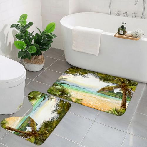 EYLOZS Badezimmerteppich Set 2 Teilig Waschbar rutschfeste Badematte Toilettenmatte Weich Saugfähige Badteppiche,Ozean, Palmen, Kokospalmen und Meereswellen durch die Berge auf Paradise Island EYLOZS Badezimmerteppich Set 2 Teilig Waschbar rutschfeste Badematte Toilettenmatte Weich Saugfähige Badteppiche,Ozean, Palmen, Kokospalmen und Meereswellen durch die Berge auf Paradise Island von EYLOZS