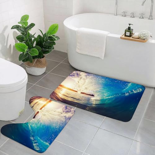 EYLOZS Badezimmerteppich Set 2 Teilig Waschbar rutschfeste Badematte Toilettenmatte Weich Saugfähige Badteppiche,Ozean, Sonnenaufgang in Las Olas Perspektive des Surfer-Personen-Szenarios von EYLOZS