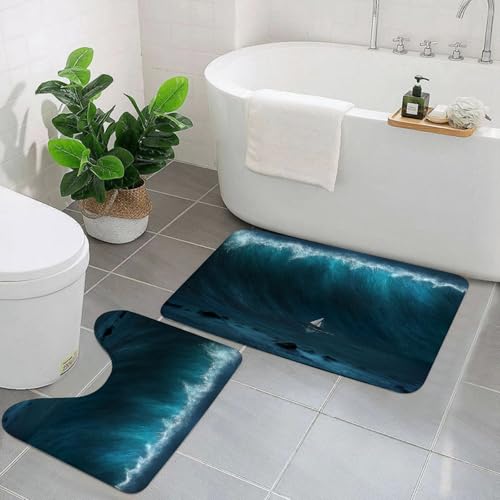 EYLOZS Badezimmerteppich Set 2 Teilig Waschbar rutschfeste Badematte Toilettenmatte Weich Saugfähige Badteppiche,Ozean, kleines Boot, gefangen von einem großen Wellenseesturm-Tsunami-Meeresthema von EYLOZS