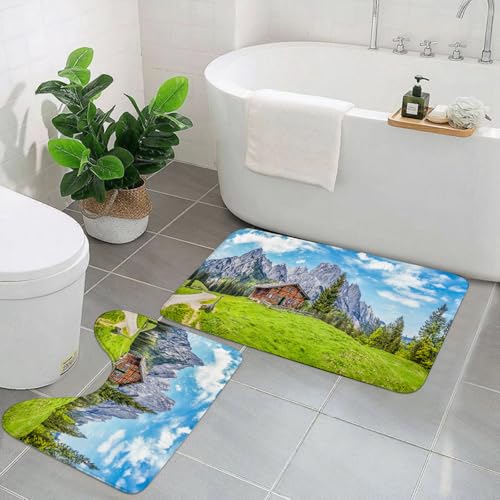 EYLOZS Badezimmerteppich Set 2 Teilig Waschbar rutschfeste Badematte Toilettenmatte Weich Saugfähige Badteppiche,Panoramablick auf die malerische Landschaft der Alpen mit Einer traditionellen Berghüt von EYLOZS