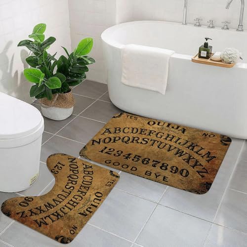 EYLOZS Badezimmerteppich Set 2 Teilig Waschbar rutschfeste Badematte Toilettenmatte Weich Saugfähige Badteppiche,Planchette aus Ouija-Brett auf Holzstruktur. P mit Geisterspiel. Halloween-Spiel mit r von EYLOZS