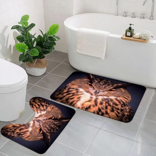 EYLOZS Badezimmerteppich Set 2 Teilig Waschbar rutschfeste Badematte Toilettenmatte Weich Saugfähige Badteppiche,Porträt Einer gehörnten Eule von EYLOZS