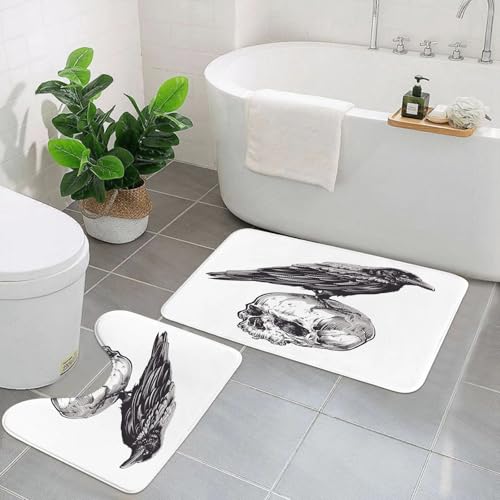EYLOZS Badezimmerteppich Set 2 Teilig Waschbar rutschfeste Badematte Toilettenmatte Weich Saugfähige Badteppiche,Rabe auf einem menschlichen Schädel. Handgezeichnete Vektorillustration. von EYLOZS