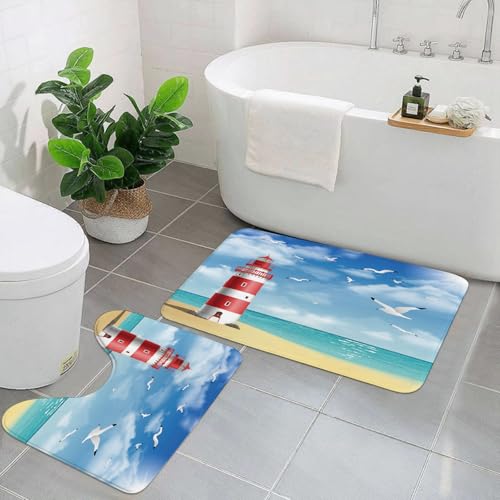 EYLOZS Badezimmerteppich Set 2 Teilig Waschbar rutschfeste Badematte Toilettenmatte Weich Saugfähige Badteppiche,Realistischer Leuchtturm am Strand mit Möwen und Meer auf Hgrundvektorillustration von EYLOZS