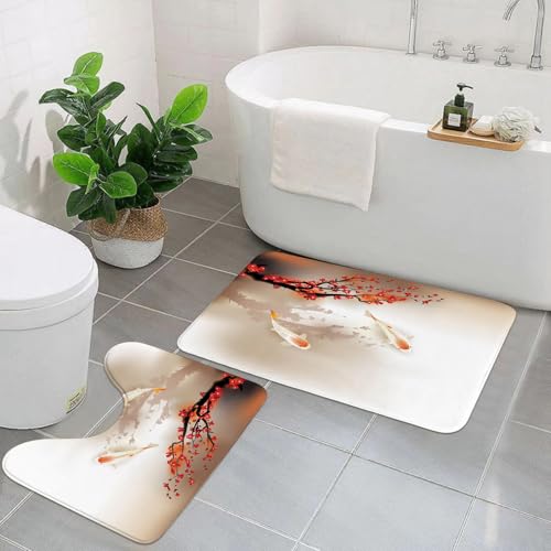 EYLOZS Badezimmerteppich Set 2 Teilig Waschbar rutschfeste Badematte Toilettenmatte Weich Saugfähige Badteppiche,Realistischer Sakura-Japan-Kirschzweig mit blühenden Blumen von EYLOZS